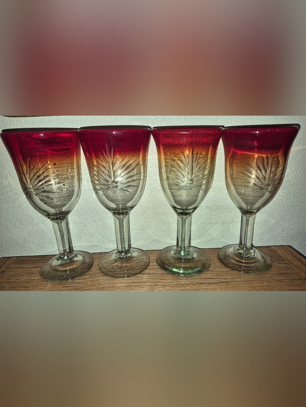 Set Of 4 Amberina Mexican Hand-Blown Ombre Goblets, Rare!